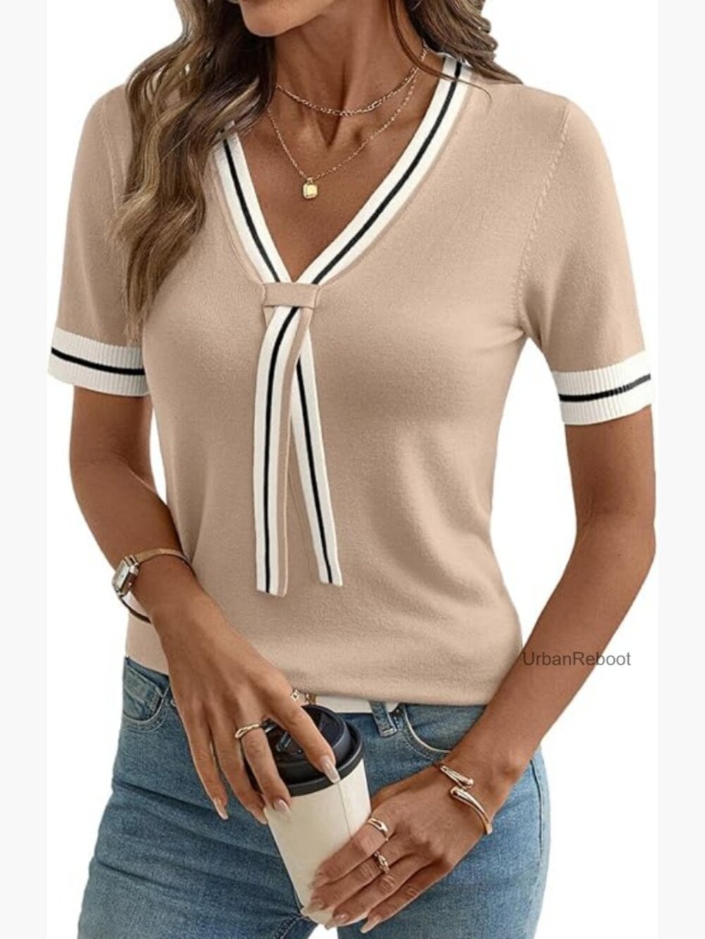 Lightweight Knit V-Neck Short Sleeve Tunic Blouse Summer